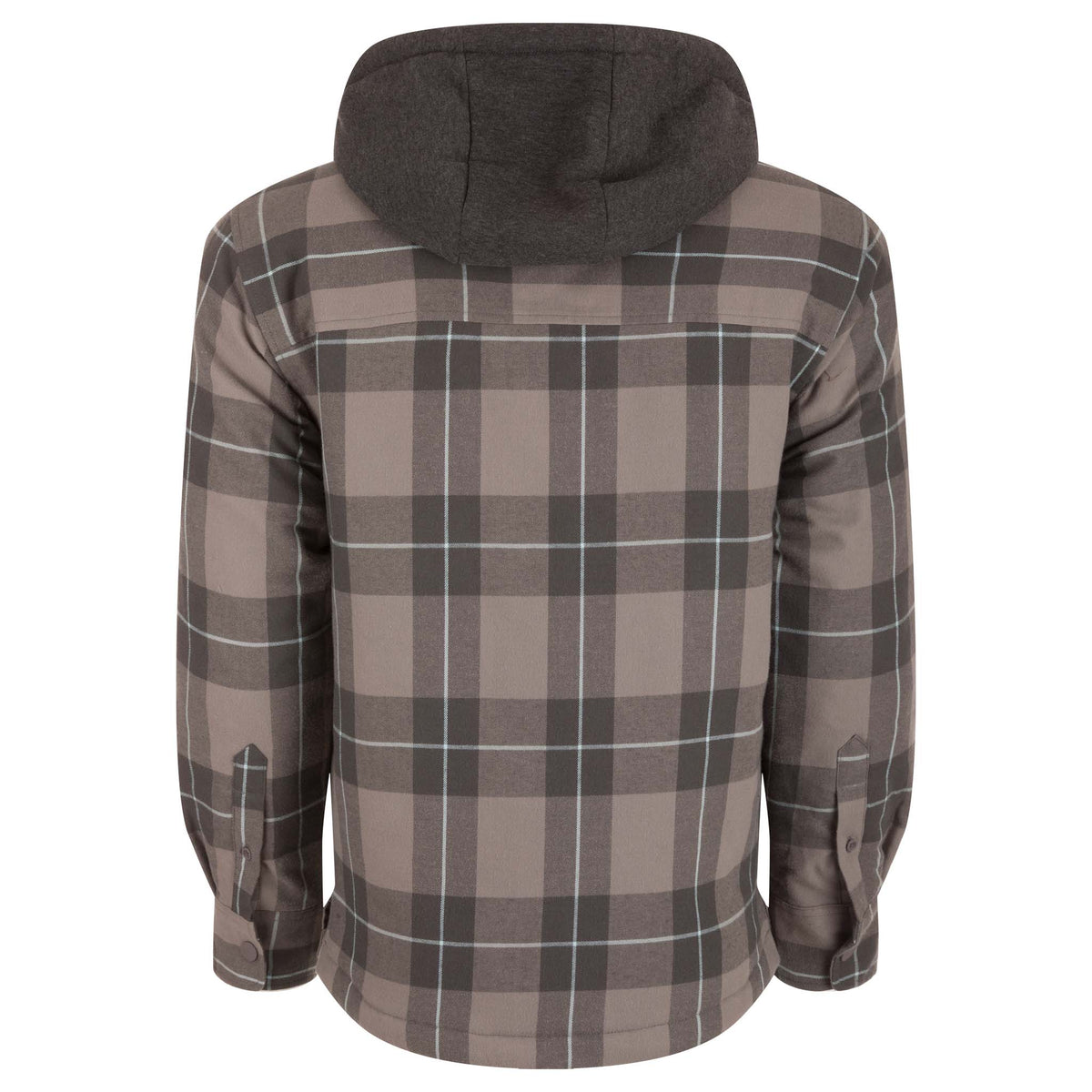 Back view of men’s pewter gray plaid flannel jacket with attached charcoal hood and button cuff sleeves.