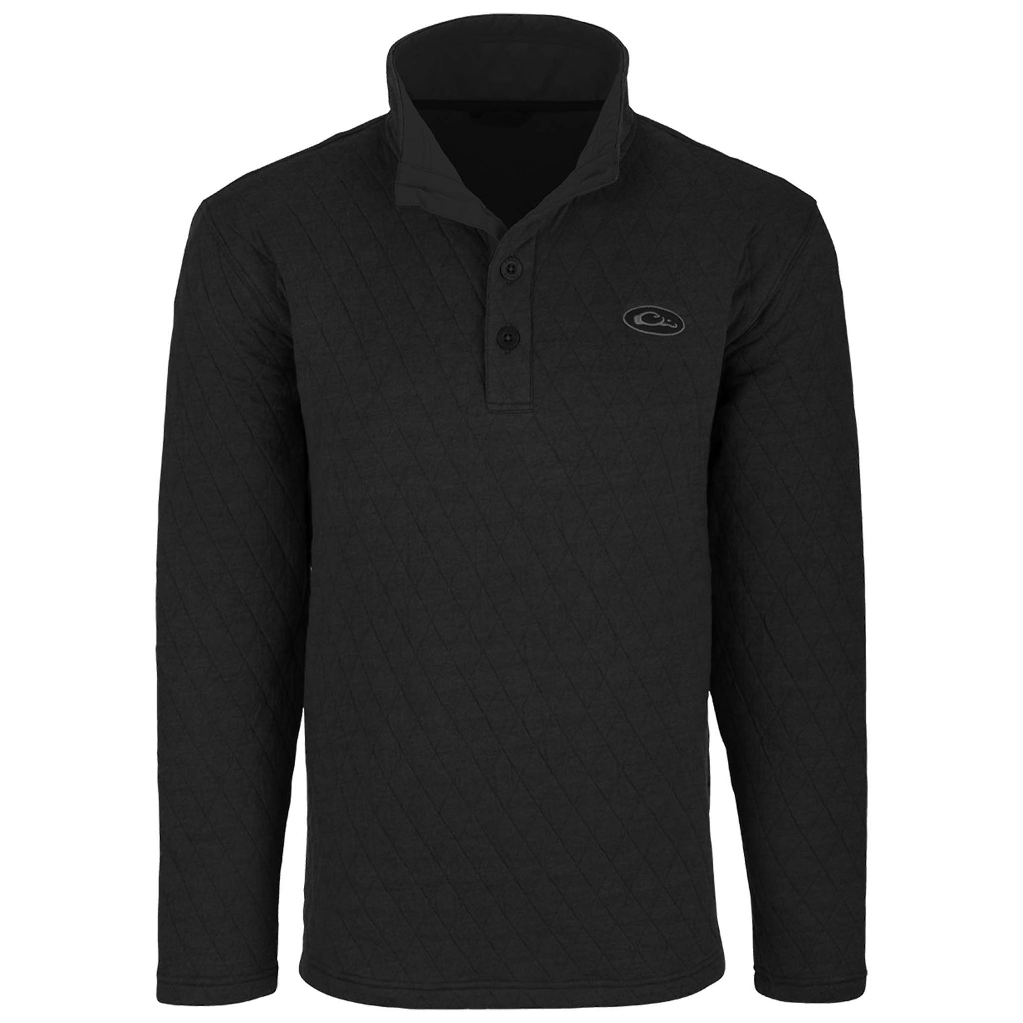 Front view of men’s black quilted pullover with long sleeves, three-button placket, stand collar, and embroidered Drake logo on chest.