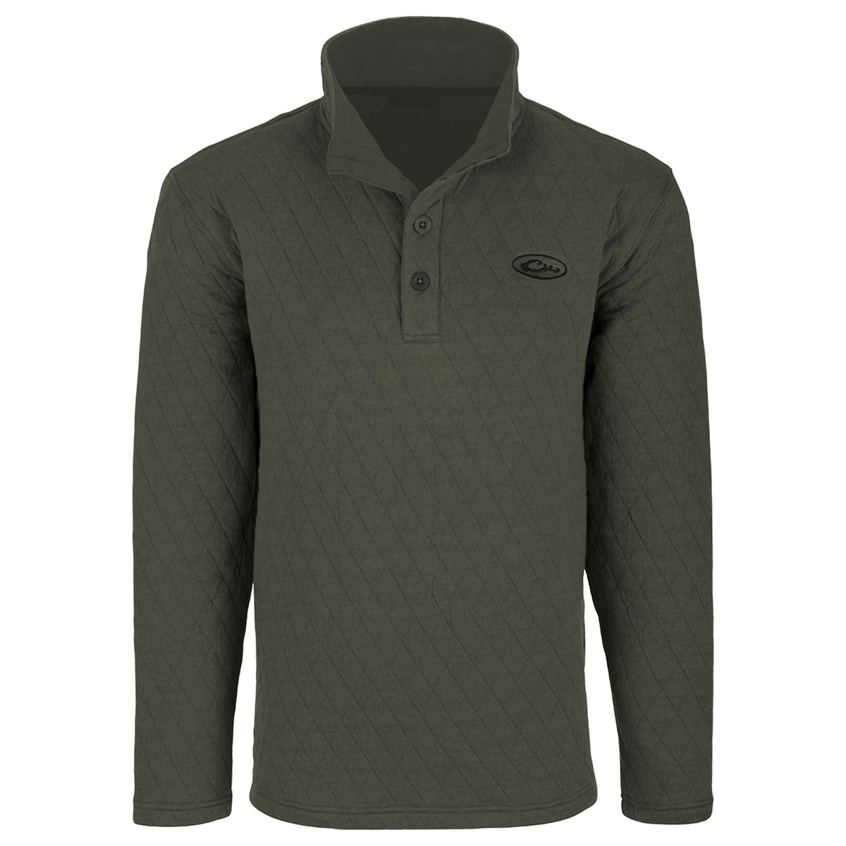 Front view of men’s olive green quilted pullover with long sleeves, three-button placket, stand collar, and embroidered Drake logo on chest.