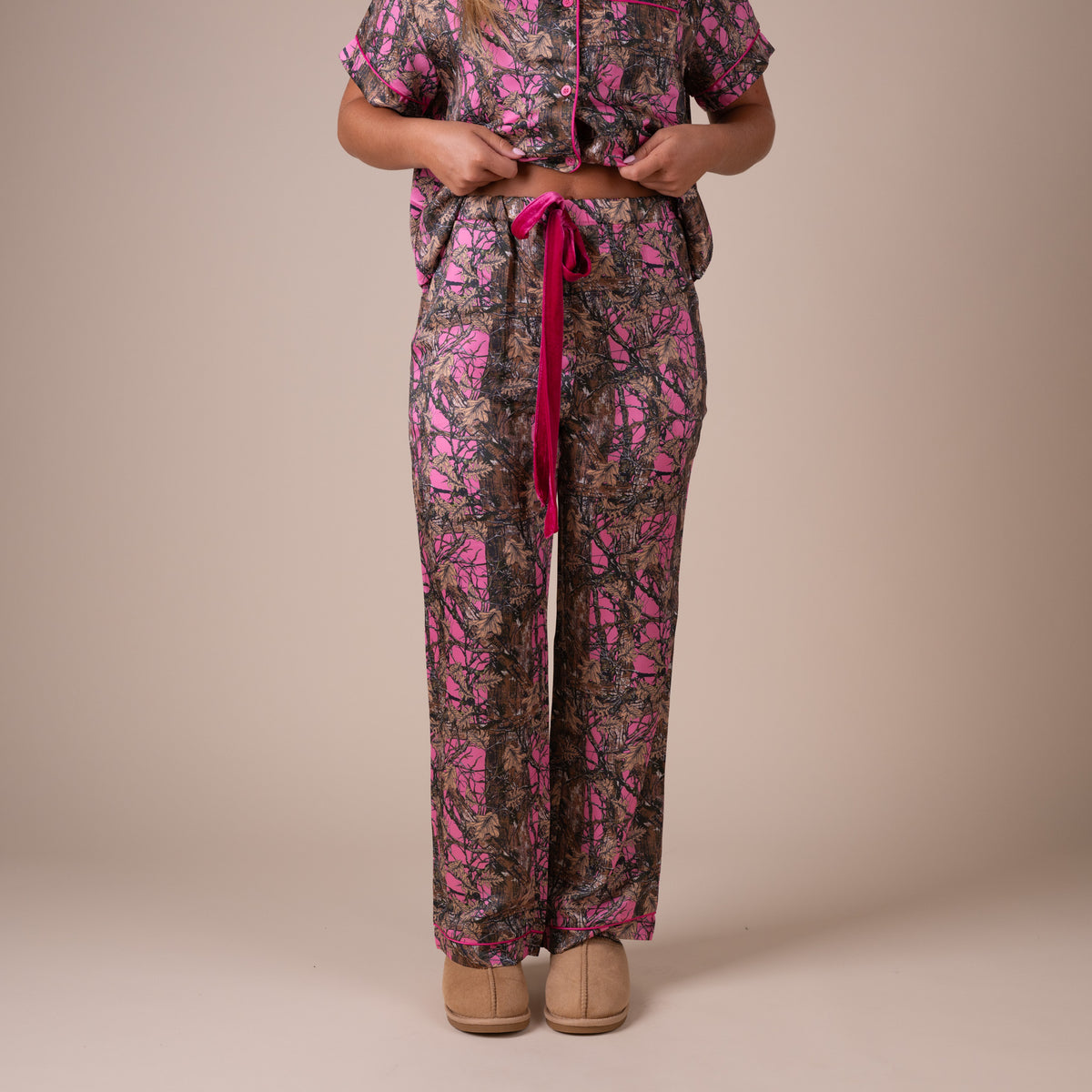 Front view of Simply Southern pink camo pajama pants featuring velvet drawstring and cozy relaxed fit.