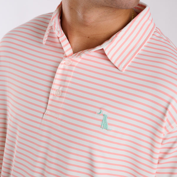 Close up of dog and moon chest emblem on peach and white polo.