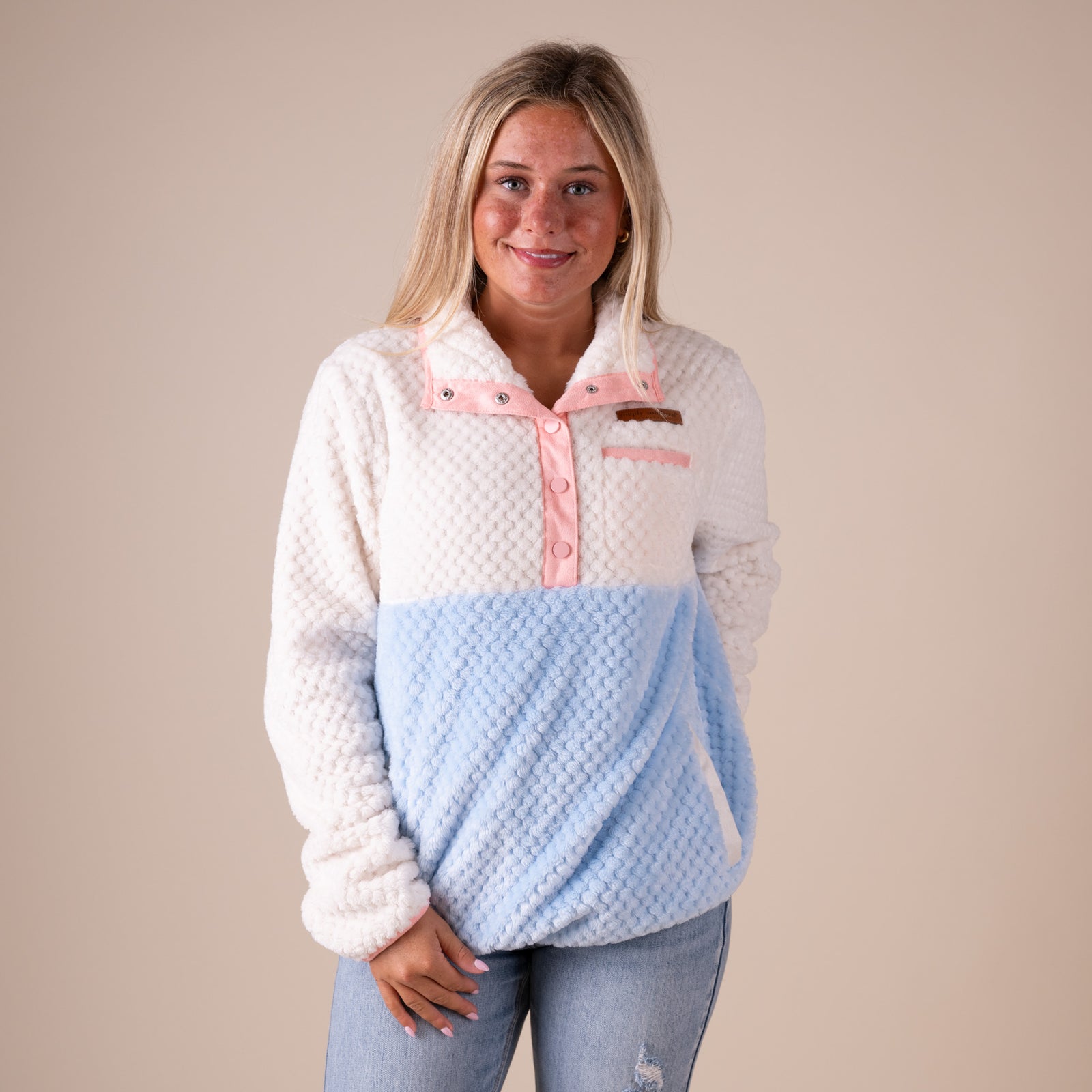 Simply Soft Color Block Quarter Snap Pullover in Ice