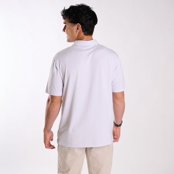 Back of purple and white striped polo.