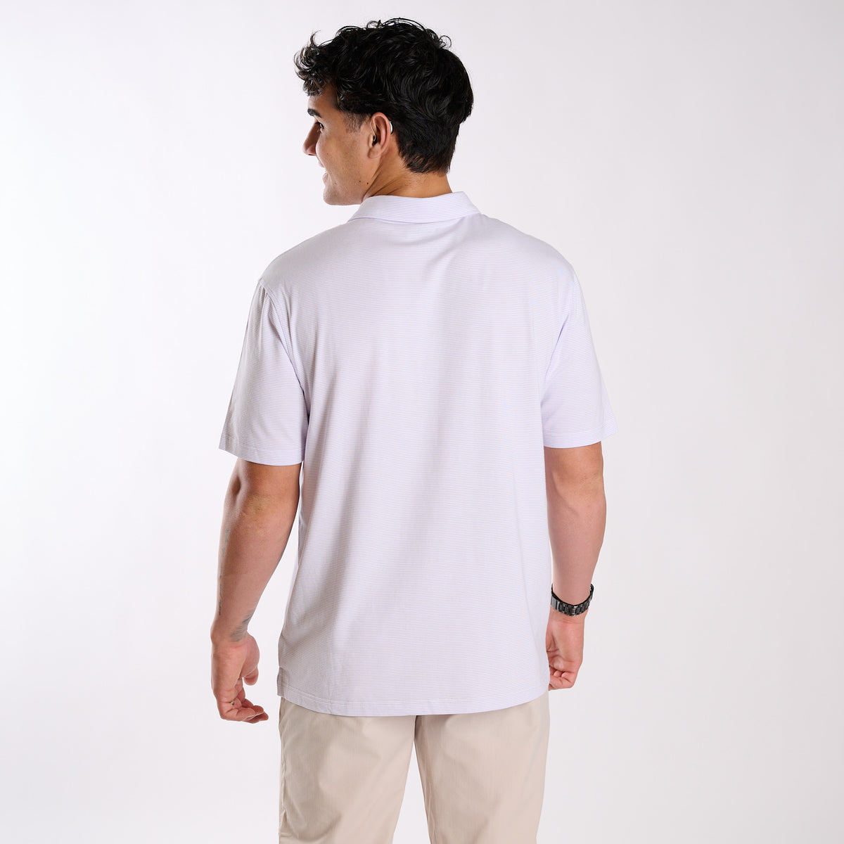 Back of purple and white striped polo.