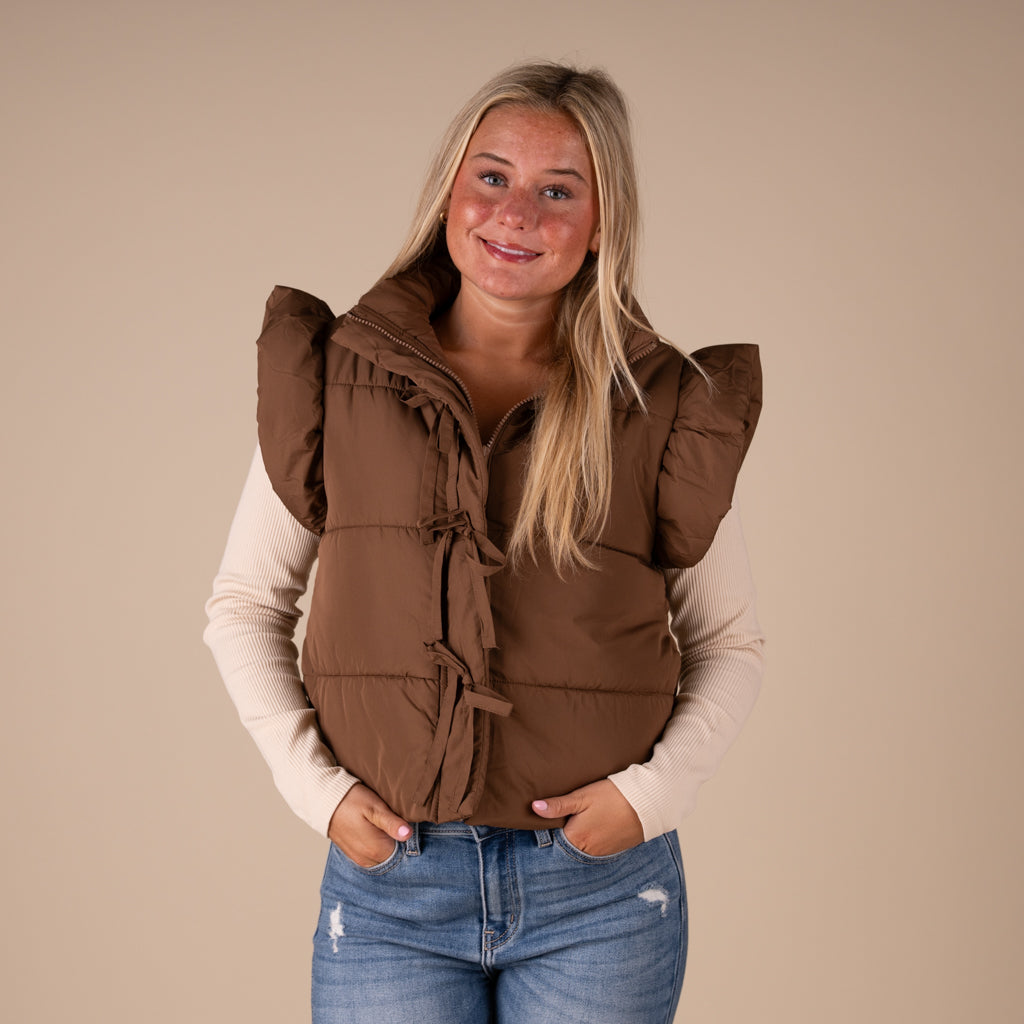 Blu Pepper Bow Front Vest in Brown