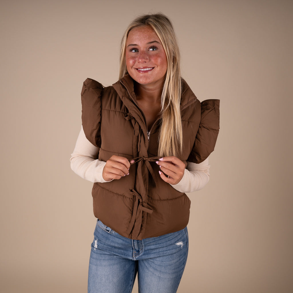 Blu Pepper Bow Front Vest in Brown