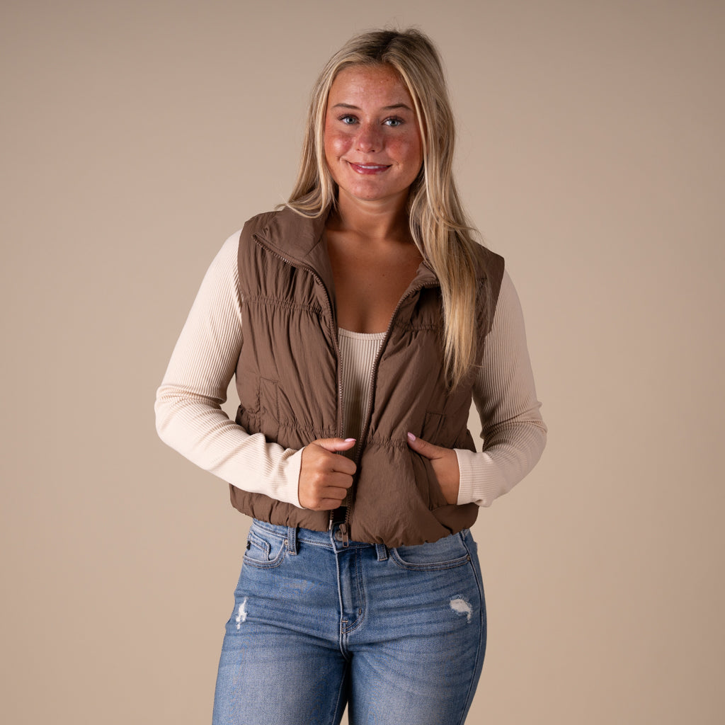 Blu Pepper Ruched Cropped Vest in Mocha