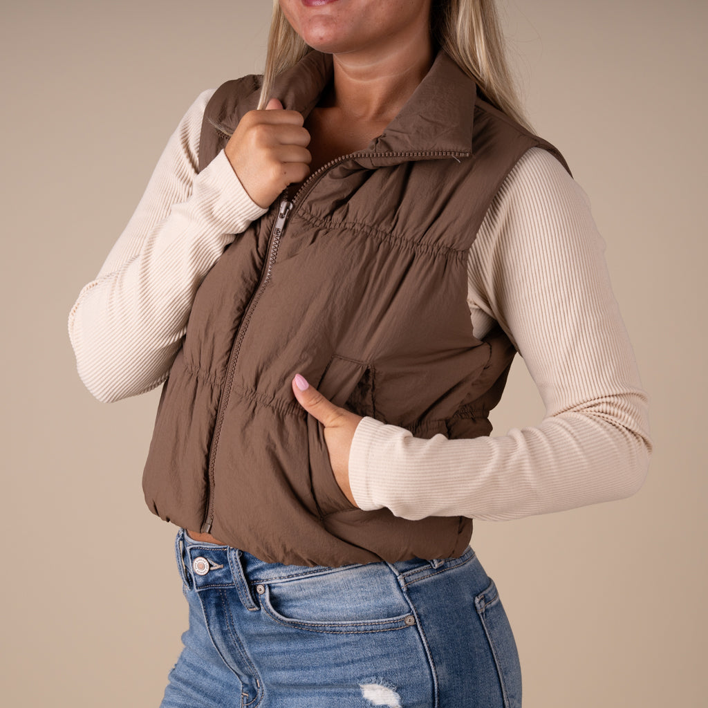 Blu Pepper Ruched Cropped Vest in Mocha