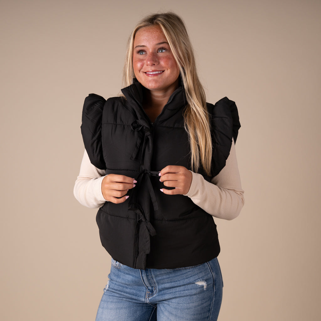 Blu Pepper Bow Front Cropped Vest in Black