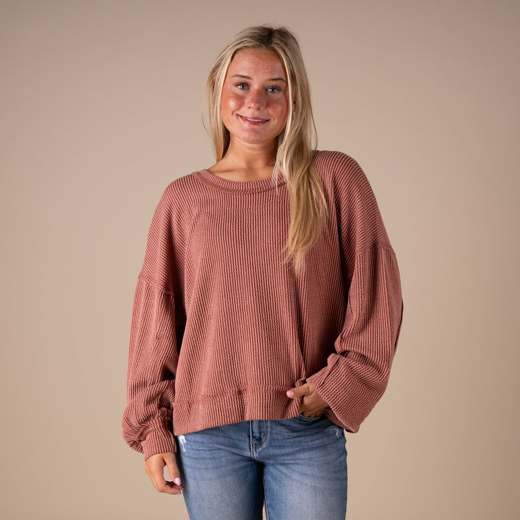 Very J Women's Square Back Long Sleeve Top in cedarwood