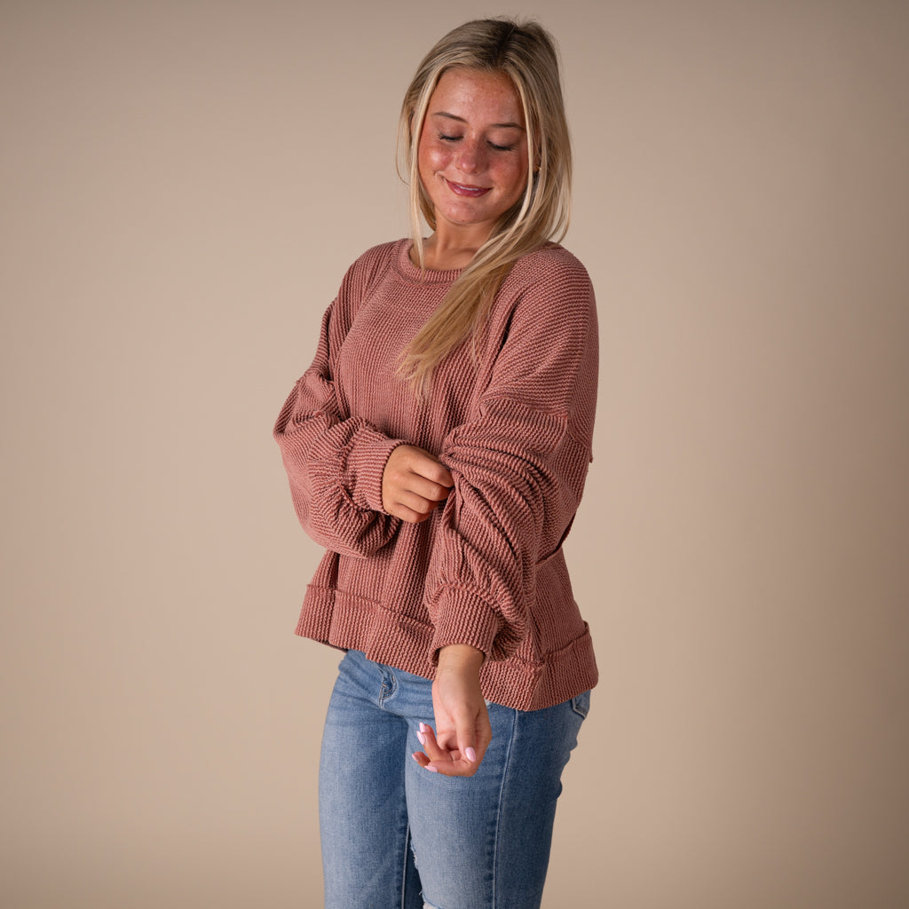 Very J Women's Square Back Long Sleeve Top in cedarwood
