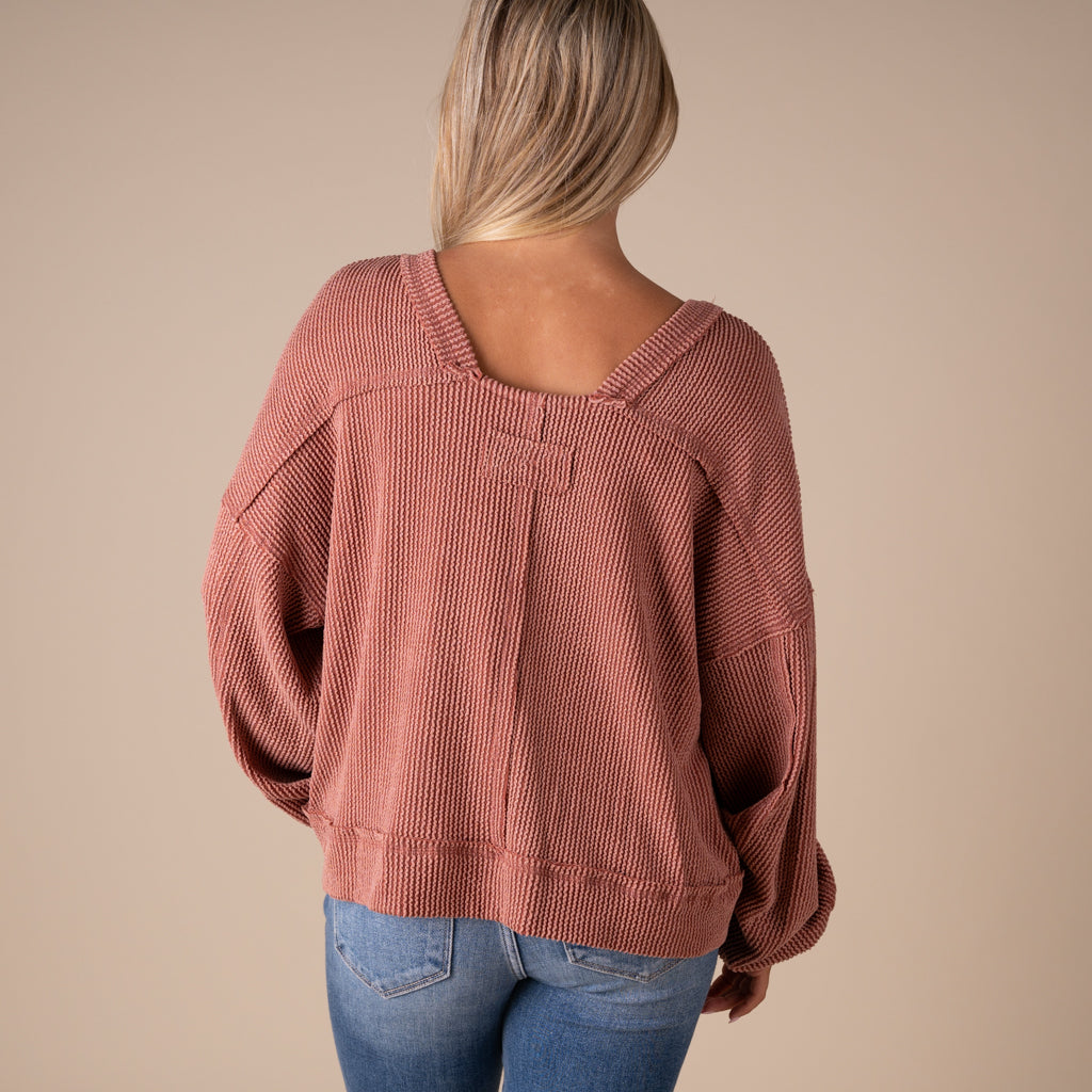 Very J Women's Square Back Long Sleeve Top in cedarwood