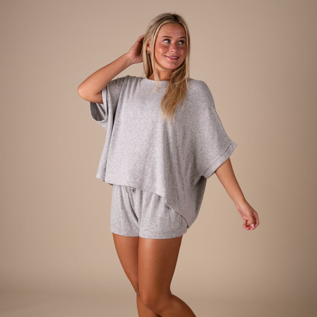 Kimberly C Oversized Hacci Short Sleeve Lounge Top in Heather Grey