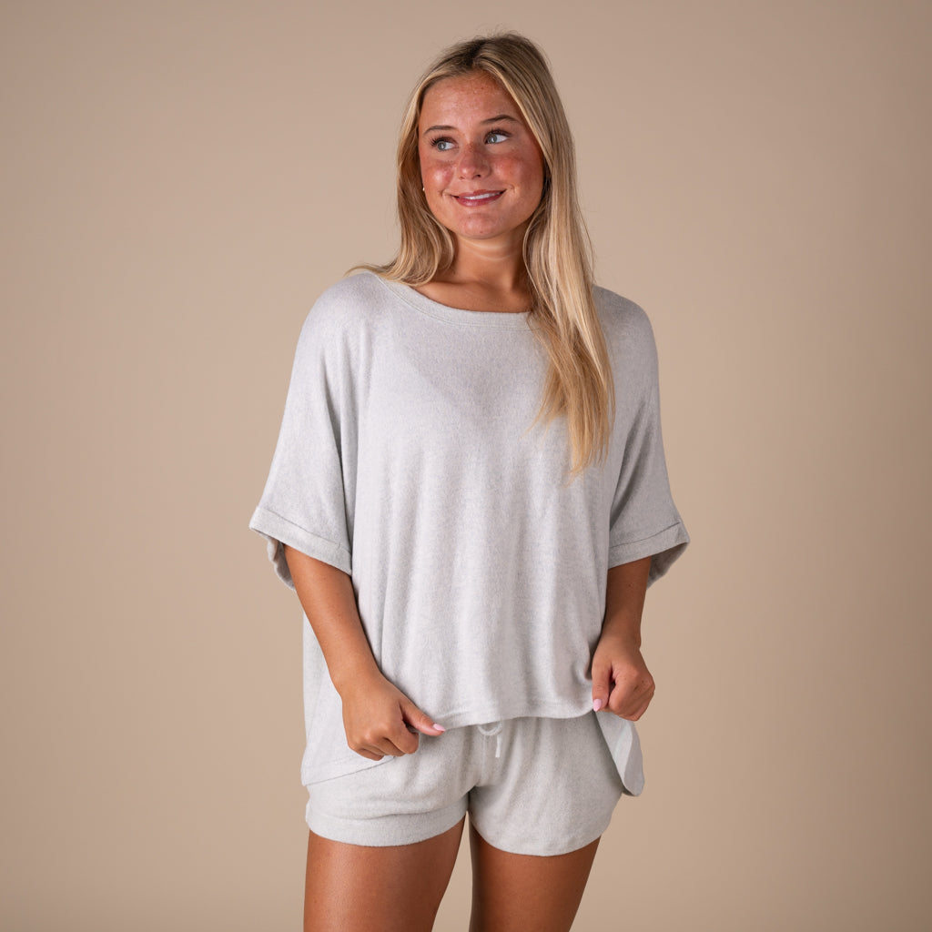 Kimberly C Oversized Hacci Short Sleeve Lounge Top in Heather Mint