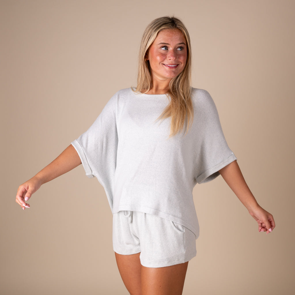 Kimberly C Oversized Hacci Short Sleeve Lounge Top in Heather Mint