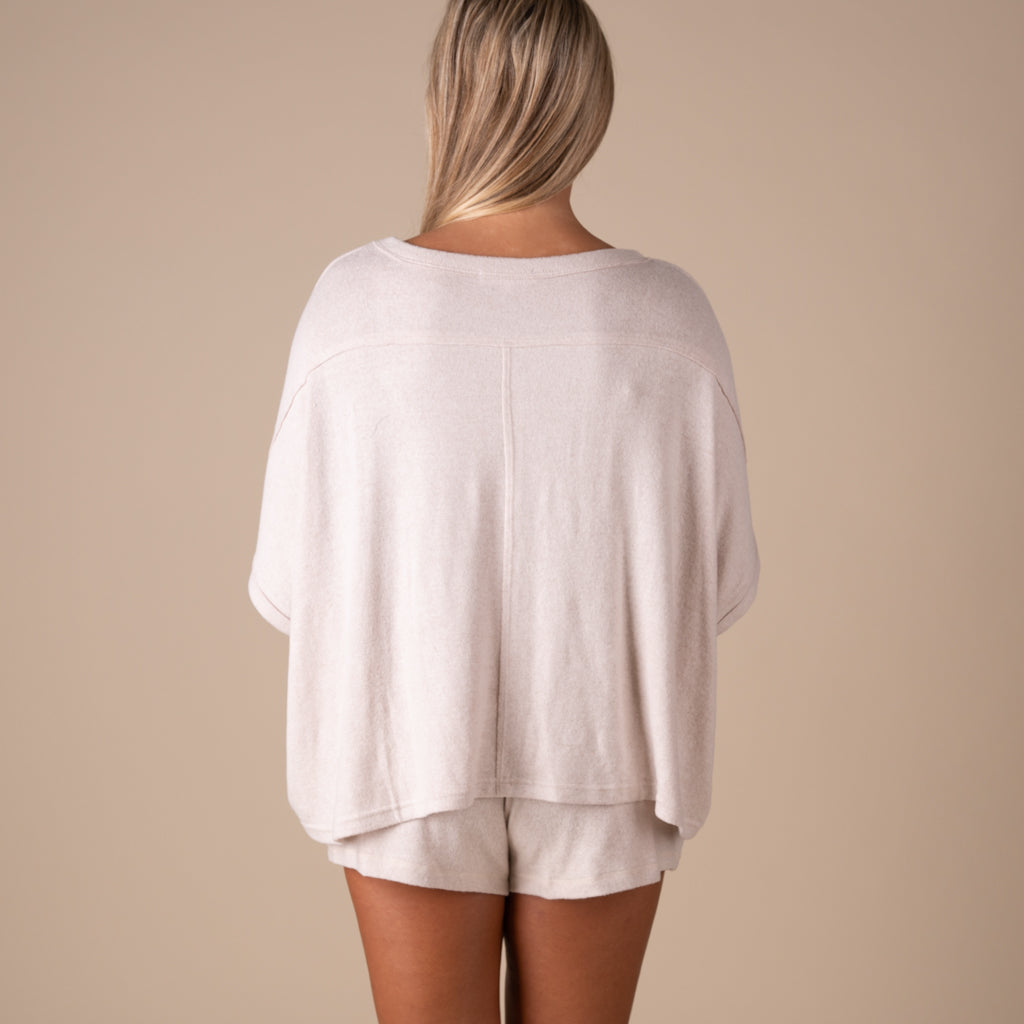 Kimberly C Oversized Hacci Short Sleeve Lounge Top in Heather Oat