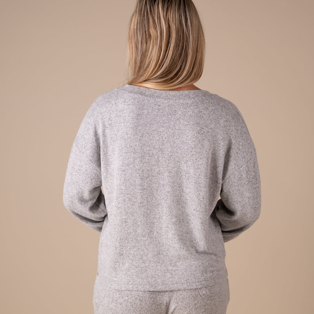 Kimberly C V-Neck Hacci Long Sleeve Lounge Top in Heathered Grey