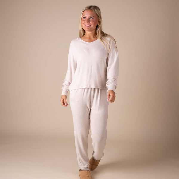Kimberly C V-Neck Hacci Long Sleeve Lounge Top in Heathered Oatmeal
