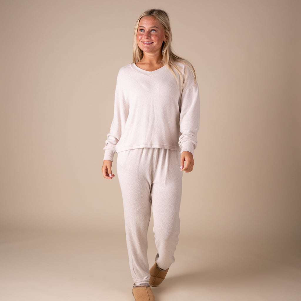 Kimberly C V-Neck Hacci Long Sleeve Lounge Top in Heathered Oatmeal