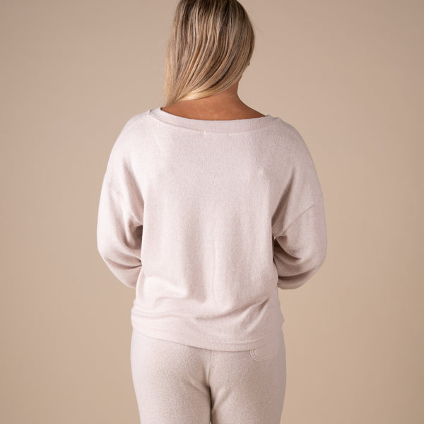 Kimberly C V-Neck Hacci Long Sleeve Lounge Top in Heathered Oatmeal