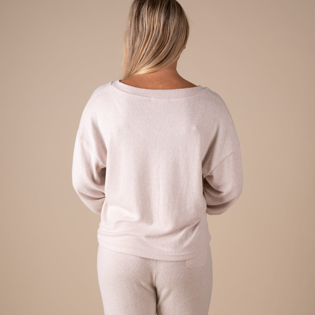 Kimberly C V-Neck Hacci Long Sleeve Lounge Top in Heathered Oatmeal