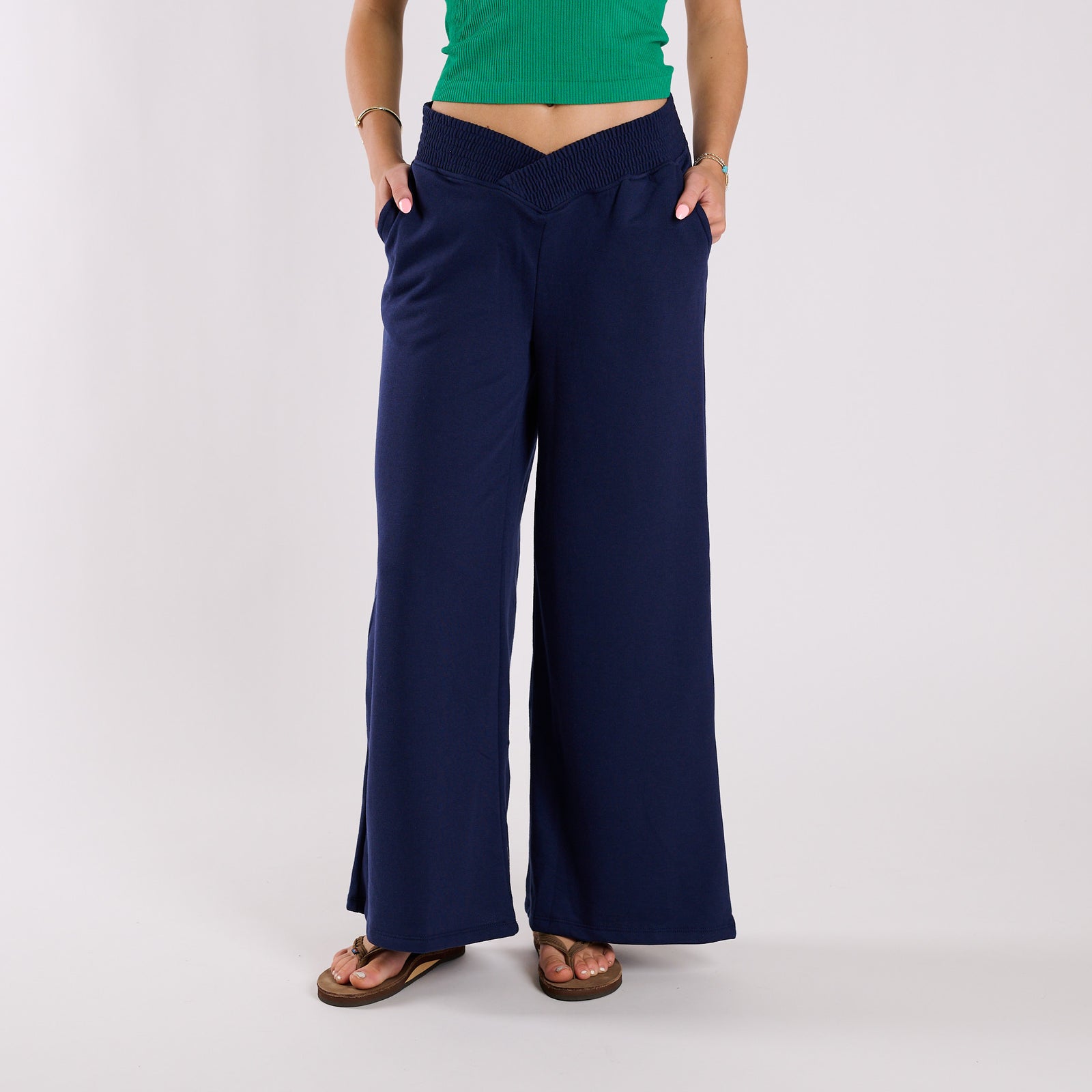 Navy | Navy wide-leg pants worn by a person on a white background