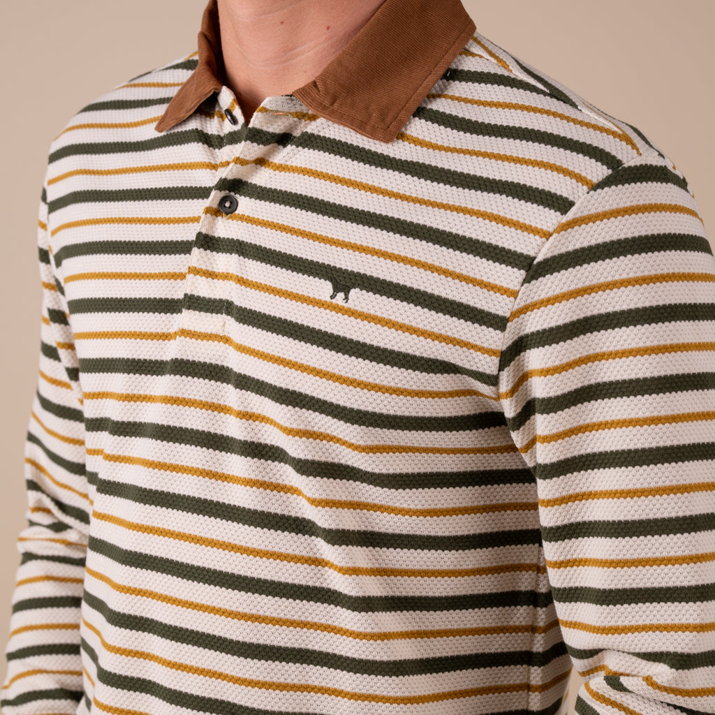 Men's Rugby Long Sleeve Polo Yellow Stripes