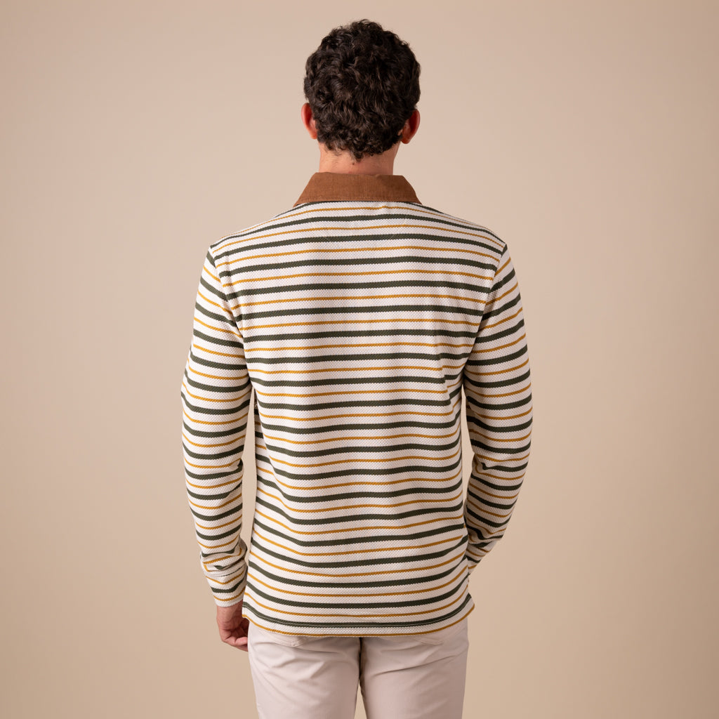 Men's Rugby Long Sleeve Polo Yellow Stripes