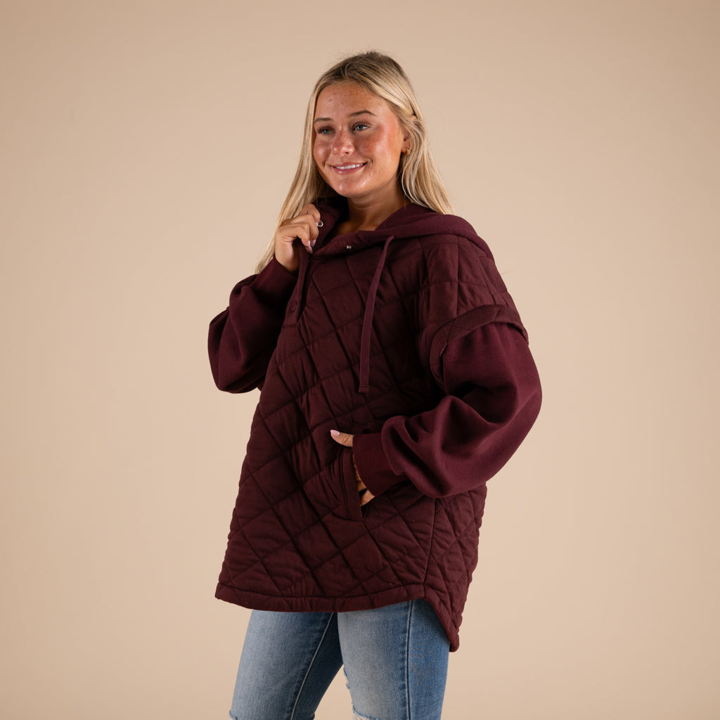 Rae Mode Quilted Knit Hooded Jacket in Dark Cherry