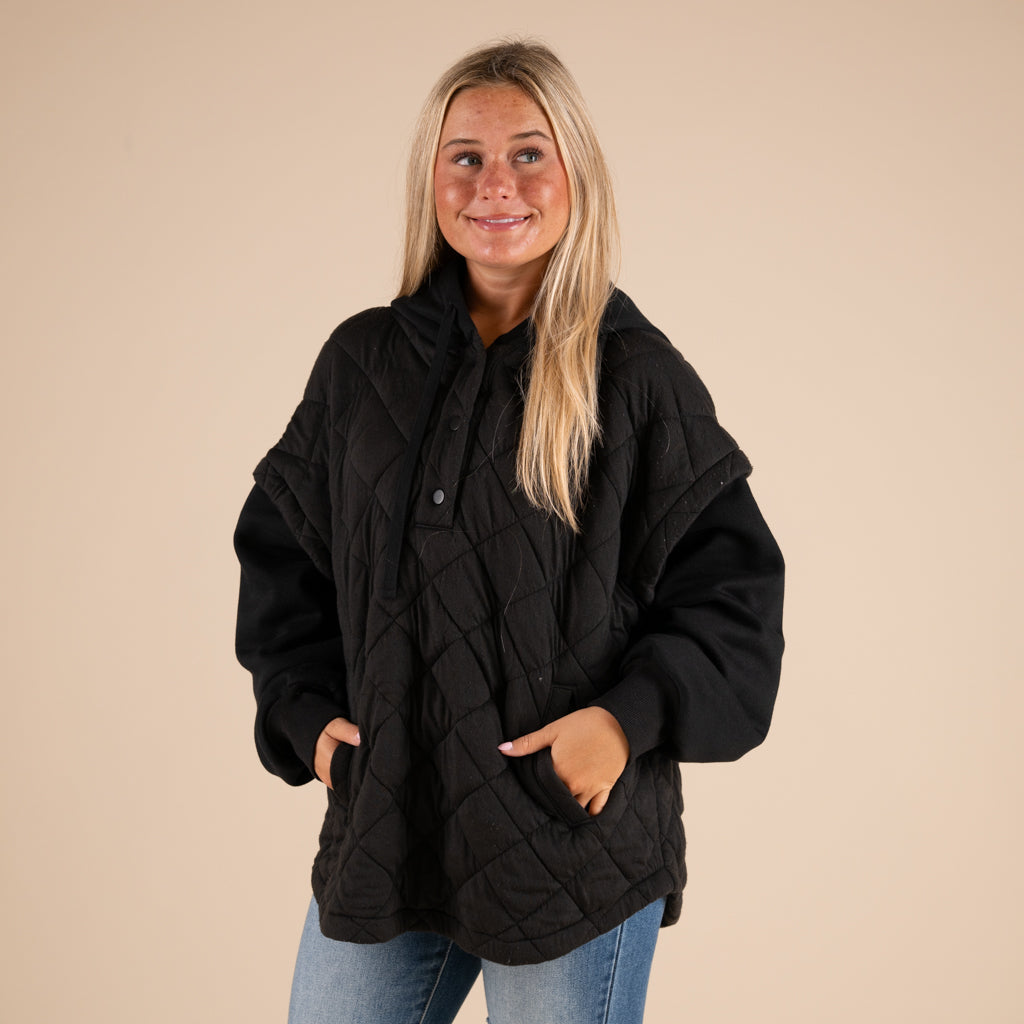 Rae Mode Quilted Knit Hooded Jacket in Black