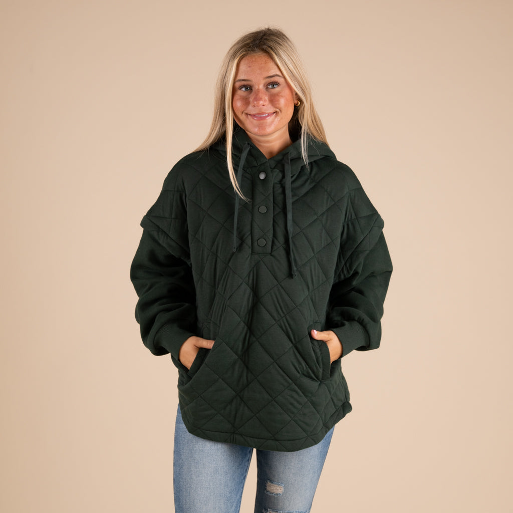 Rae Mode Quilted Knit Hooded Jacket in Dark Green