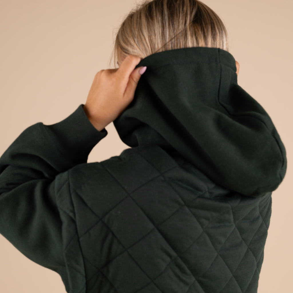 Rae Mode Quilted Knit Hooded Jacket in Dark Green