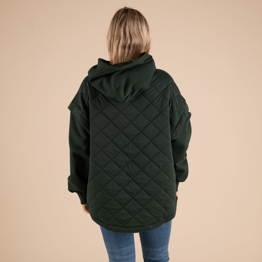 Rae Mode Quilted Knit Hooded Jacket in Dark Green