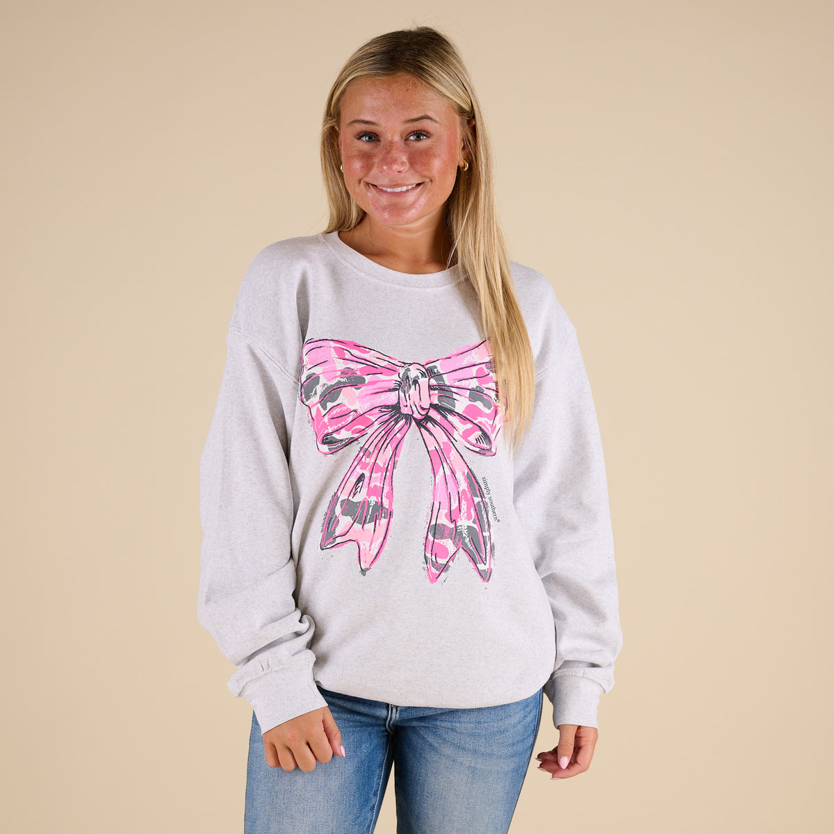Simply Southern Pink Camo Bow Crewneck Sweatshirt in Light Grey