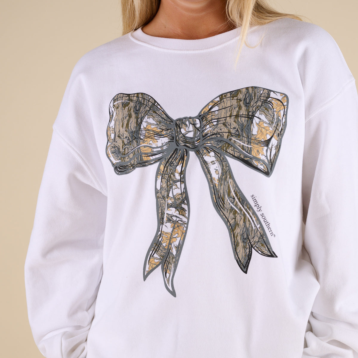 Simply Southern Camo Bow Crewneck Sweatshirt in White