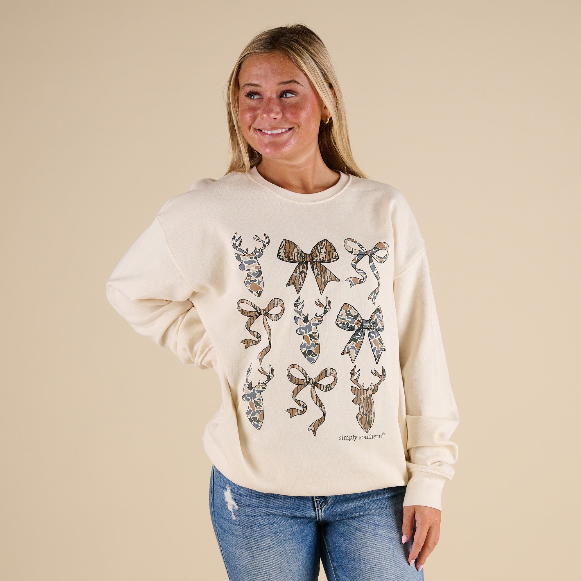 Simply southern Deer Camo Crewneck Sweatshirt in Sand 