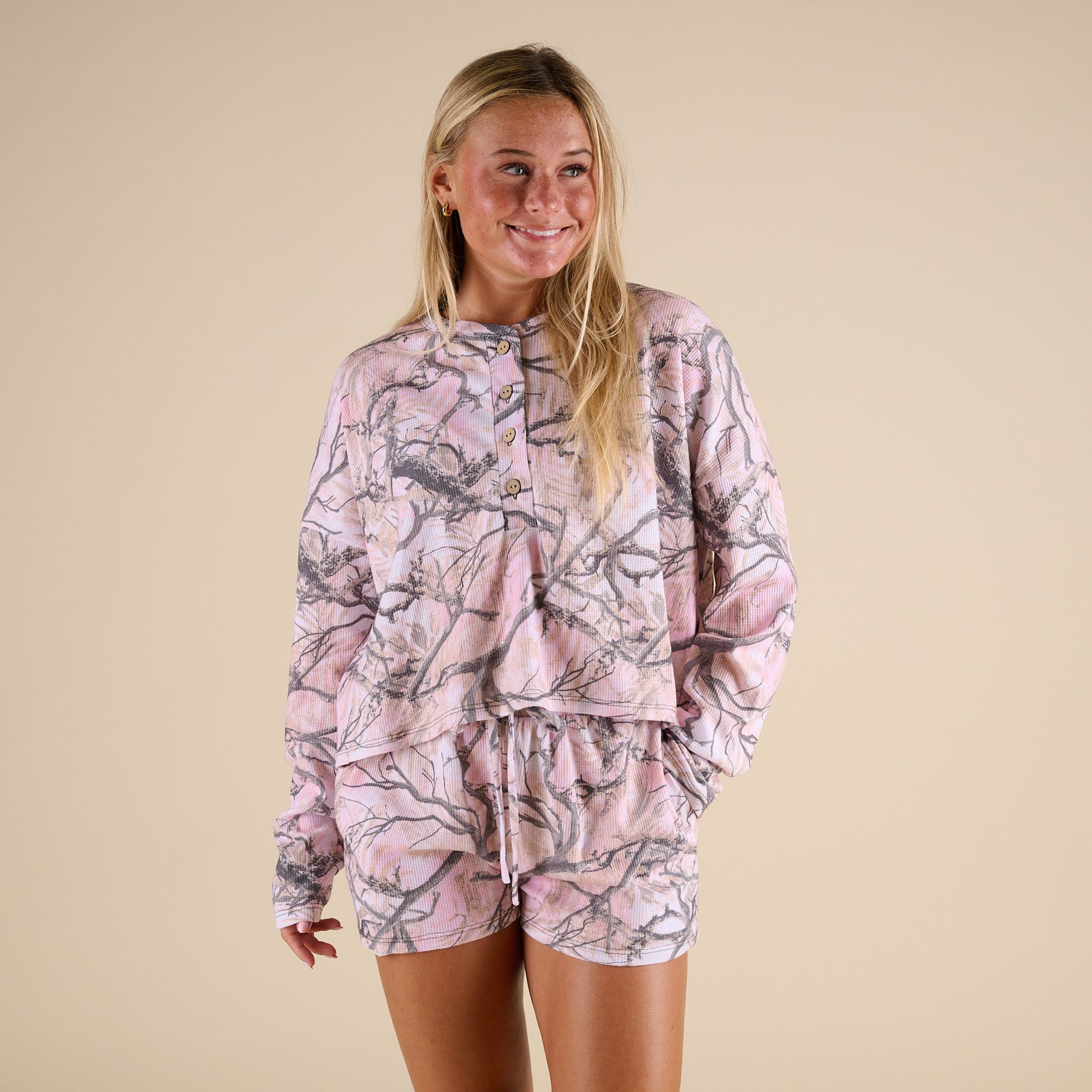 Jade by Jane Women's Woodlands Pink Camo Long Sleeve Henley