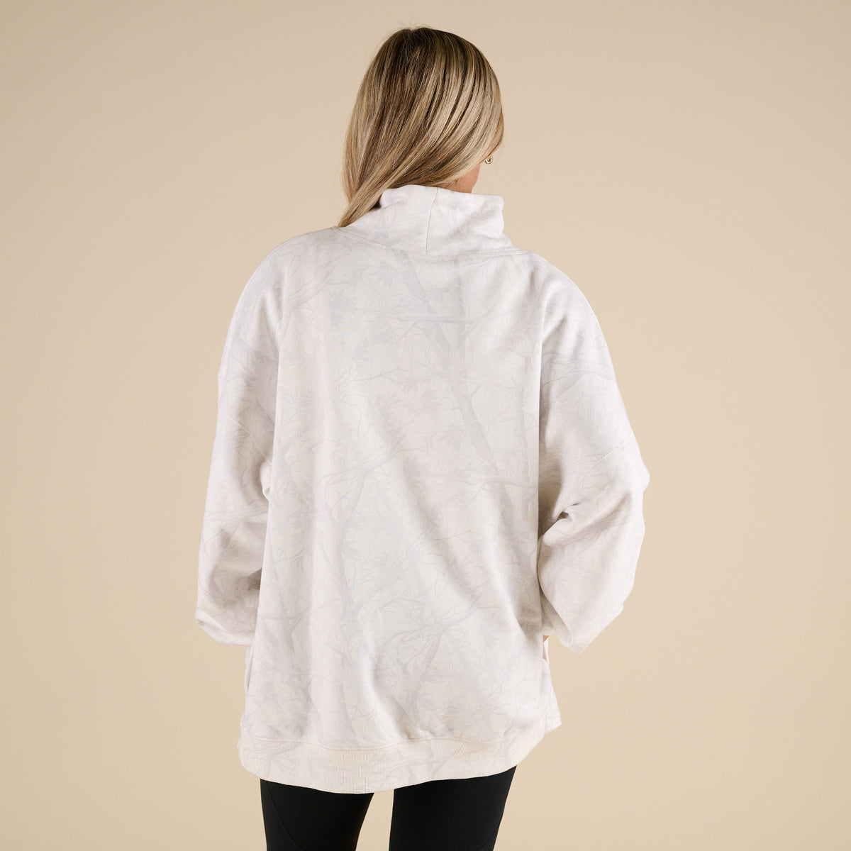 Love Bug Apparel Woodlands Camo Mock Neck Sweatshirt with side pockets and light gray and white camo print