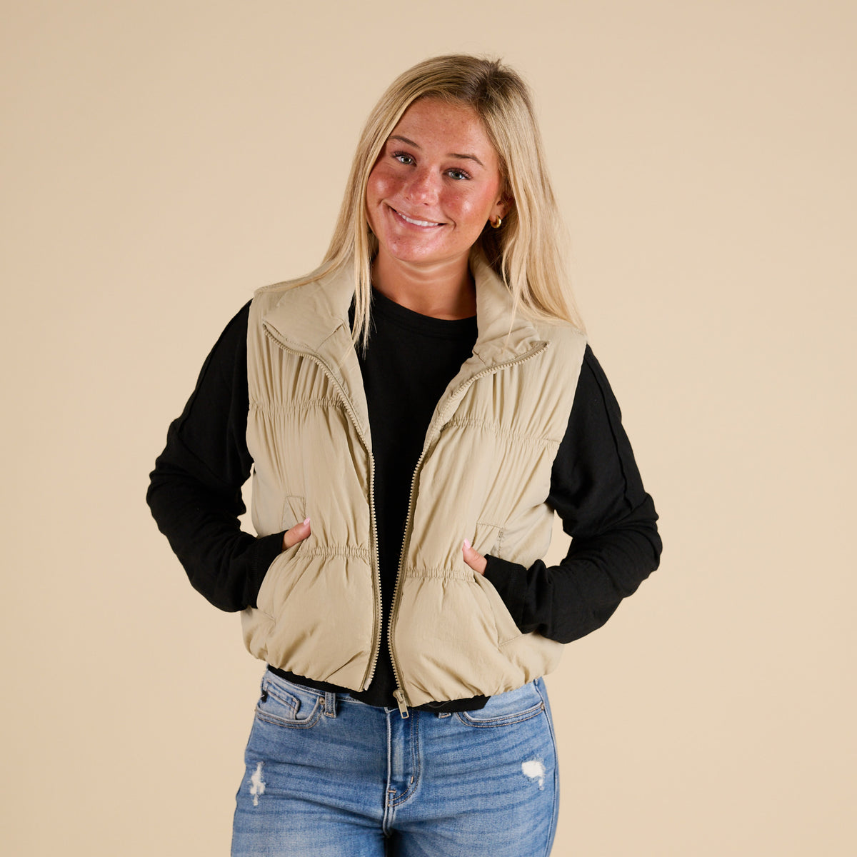 Blu Pepper Ruched Cropped Vest in Cement