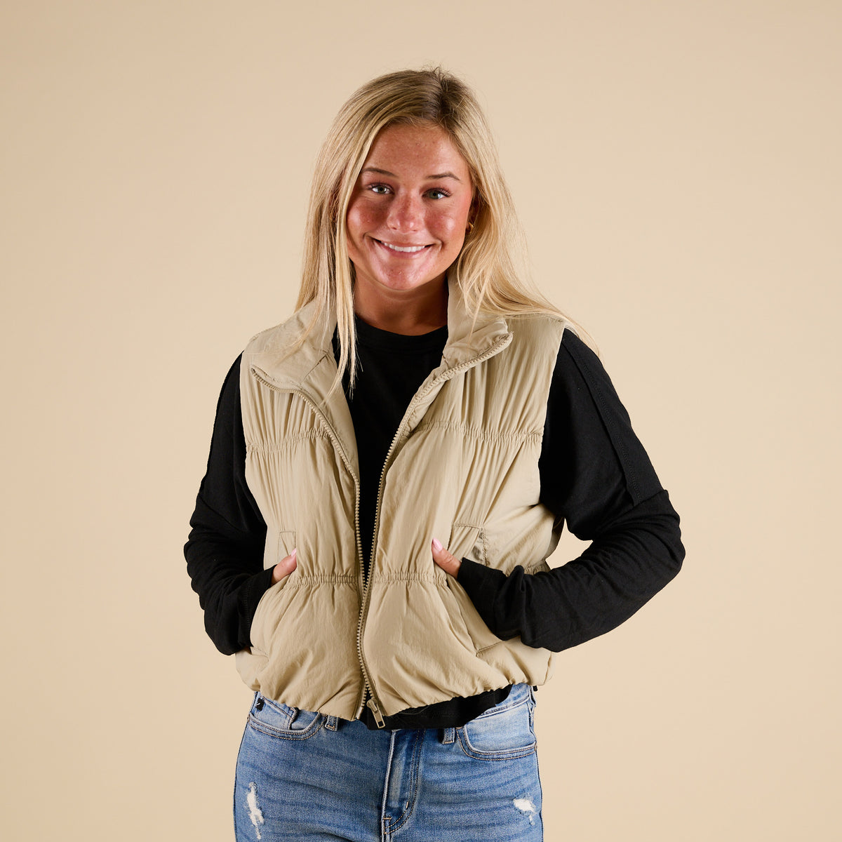 Blu Pepper Ruched Cropped Vest in Cement