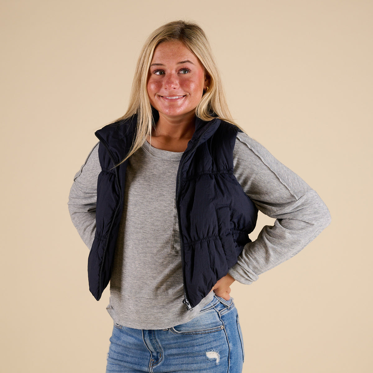 Blu Pepper Ruched Cropped Vest in Navy