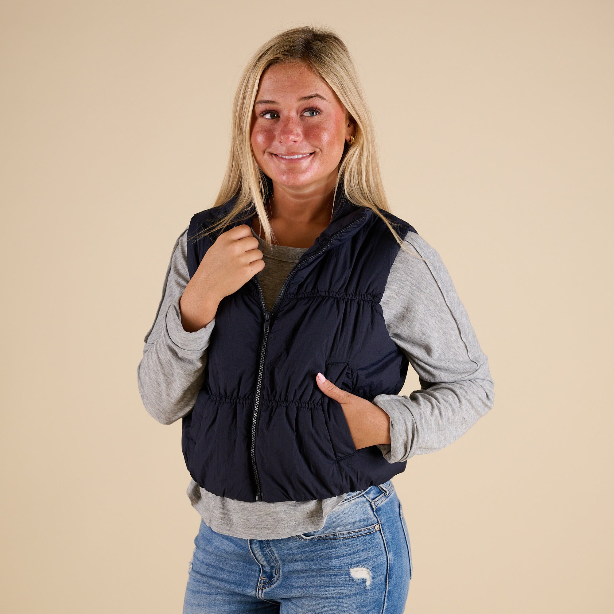Blu Pepper Ruched Cropped Vest in Navy