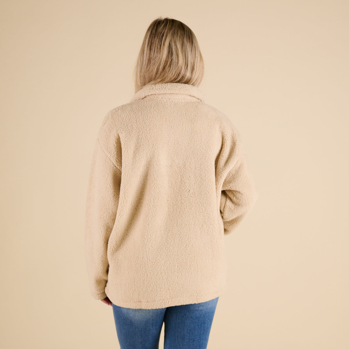 Blu Pepper 1/4 Zip Fleece Pullover in Natural with soft sherpa texture, stand collar, front kangaroo pocket, and relaxed fit shown on model.