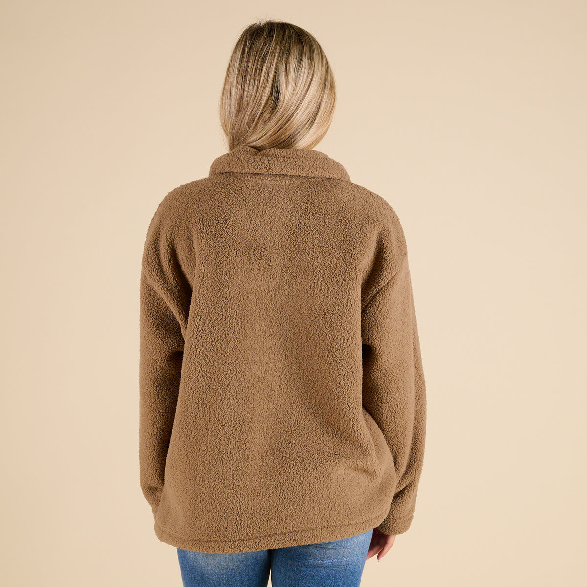 Blu Pepper 1/4 Zip Fleece Pullover in Mocha with soft sherpa texture, stand collar, front kangaroo pocket, and relaxed fit shown on model.