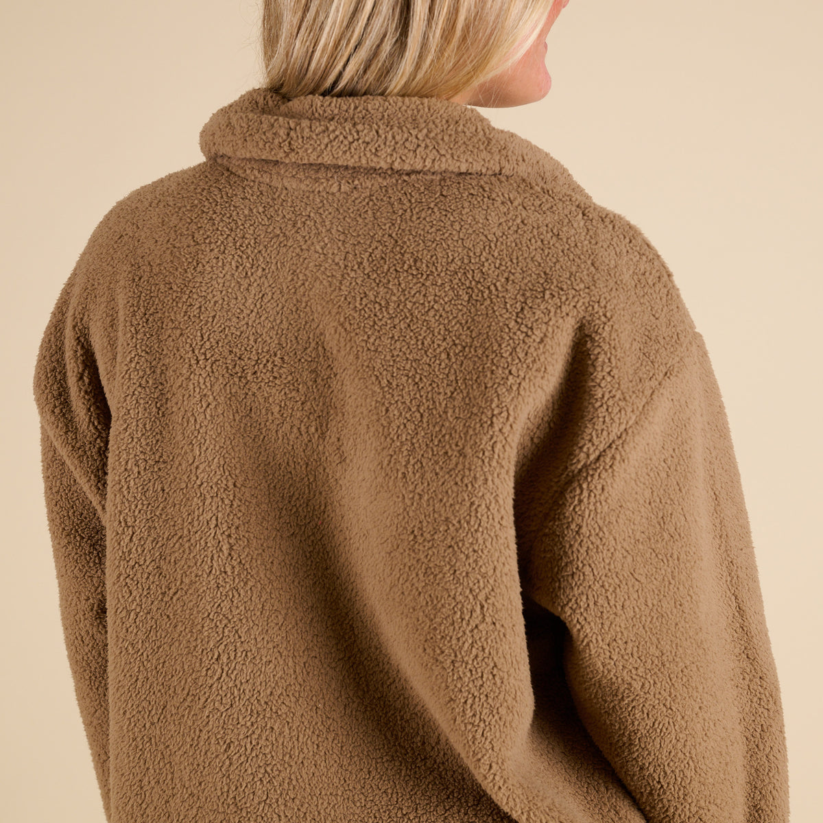 Blu Pepper 1/4 Zip Fleece Pullover in Mocha with soft sherpa texture, stand collar, front kangaroo pocket, and relaxed fit shown on model.