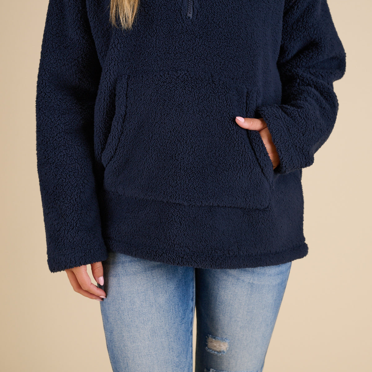 Blu Pepper 1/4 Zip Fleece Pullover in Navy with soft sherpa texture, stand collar, front kangaroo pocket, and relaxed fit shown on model.
