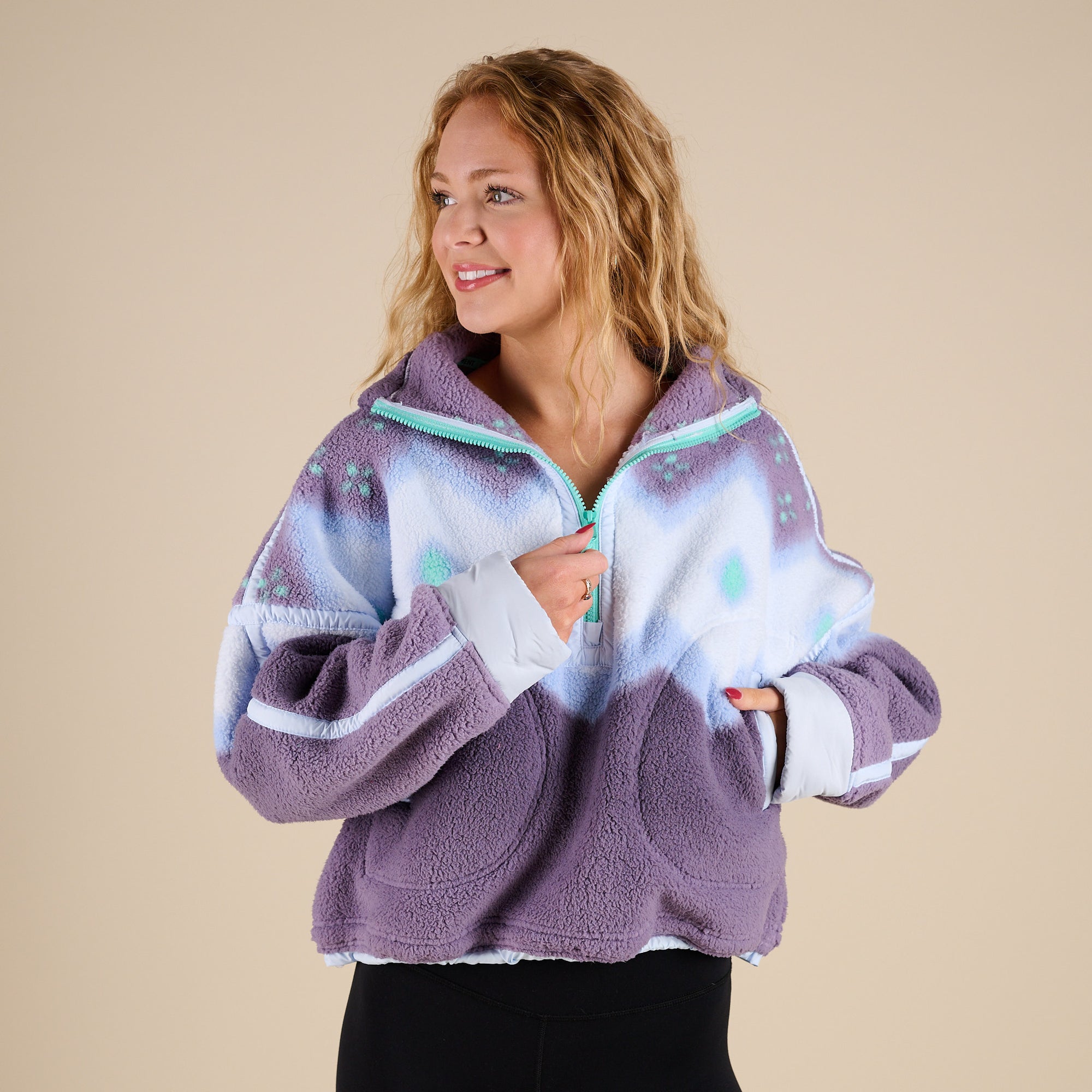 FP Movement Printed Mountain High Half Zip Pullover in Soft Glow Graphite shown on model in studio