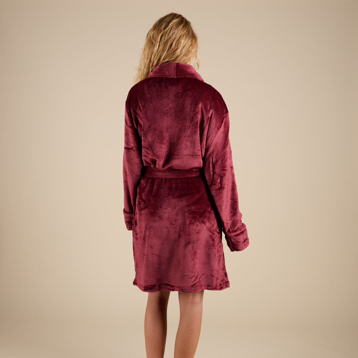 Mosaic Bath Velvet Robe in Red shown on model in studio