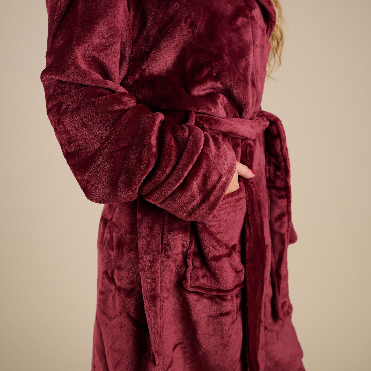 Mosaic Bath Velvet Robe in Red shown on model in studio