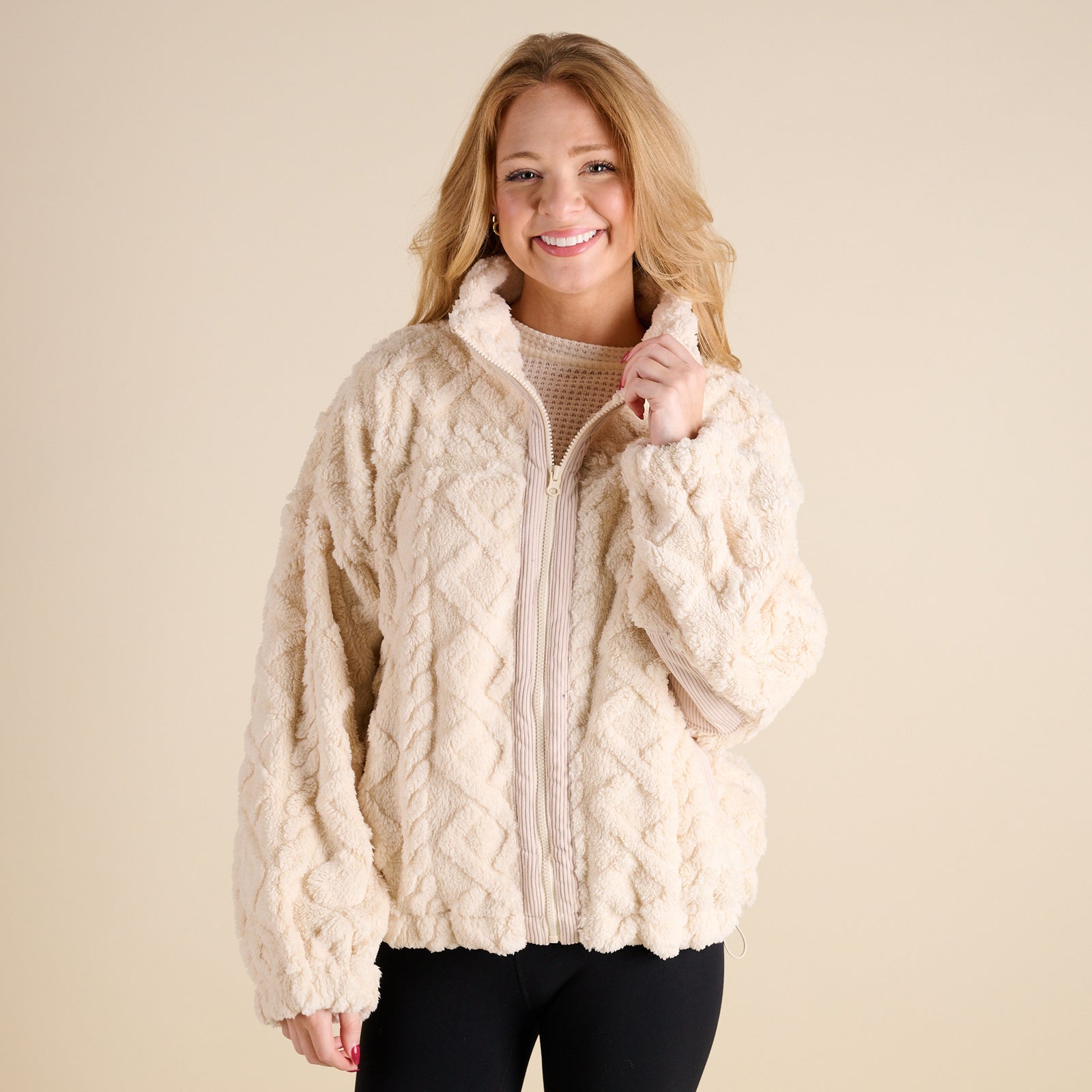 Woman wearing Very J Fuzzy Full Zip Pullover Jacket in Ecru